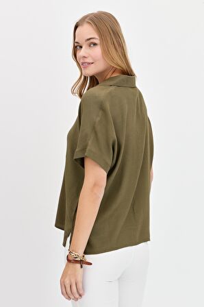 Kadın Önü Broşlu Maroken Gömlek Haki