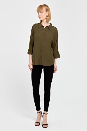 Kadın Kolları Dantel Şeritli Maroken Gömlek Haki