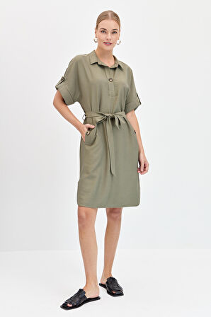 Kadın Gömlek Yaka Yakası ve Cebi Düğmeli Elbise Haki