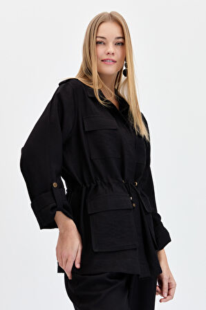 Kadın Safari Model Keten Ceket Siyah