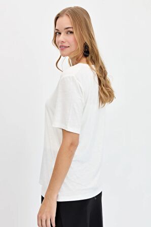 Kadın Sıfır Yaka Flamlı Kumaş Penye Tshirt Ekru