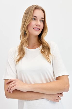 Kadın Sıfır Yaka Flamlı Kumaş Penye Tshirt Ekru