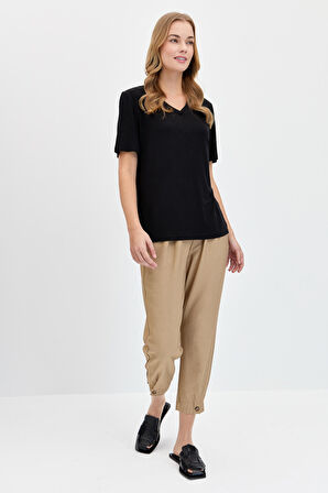 Kadın V Yaka Flamlı Kumaş Basic Tshirt Siyah