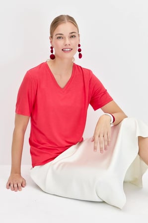 Kadın V Yaka Flamlı Kumaş Basic Tshirt Mercan