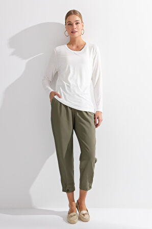 Kadın Sıfır Yaka Flamlı Kumaş Basic Penye Bluz Ekru