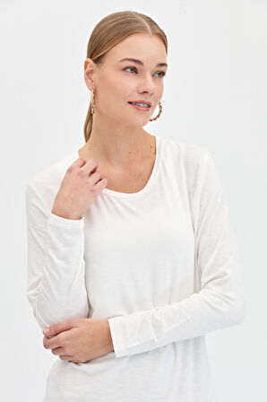 Kadın Sıfır Yaka Flamlı Kumaş Basic Penye Bluz Ekru