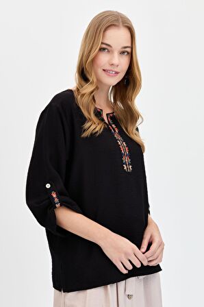 Kadın Açma Yaka Yakası Etnik Nakışlı Gömlek Siyah