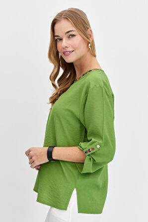 Kadın Açma Yaka Yakası Etnik Nakışlı Gömlek Yeşil