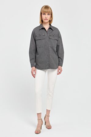 Kadın Kuşgözü Zımbalı Kapaklı Cepli Pamuk Gömlek Antrasit