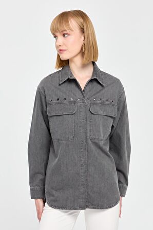 Kadın Kuşgözü Zımbalı Kapaklı Cepli Pamuk Gömlek Antrasit