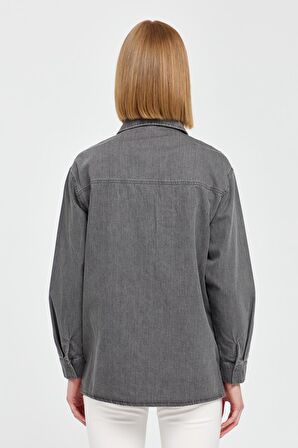 Kadın Kuşgözü Zımbalı Kapaklı Cepli Pamuk Gömlek Antrasit