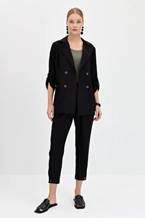 Kadın Kruvaze Model Düğmeli Keten Ceket Siyah