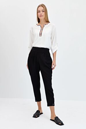 Kadın Geniş Kemerli Paçası Düğmeli Keten Pantolon Siyah