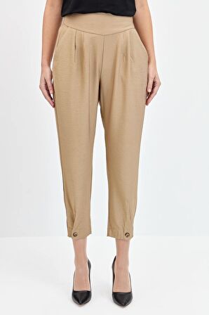 Kadın Geniş Kemerli Paçası Düğmeli Keten Pantolon Camel