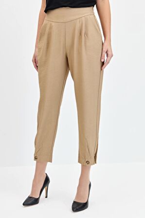 Kadın Geniş Kemerli Paçası Düğmeli Keten Pantolon Camel