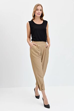 Kadın Geniş Kemerli Paçası Düğmeli Keten Pantolon Camel