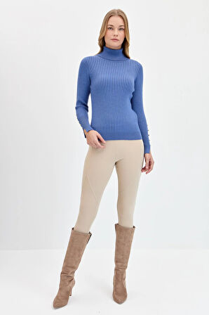 Kadın Tam Balıkçı Yaka Kolları Düğmeli Kazak İndigo