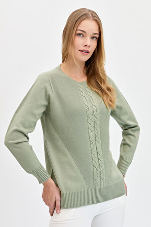 Kadın Sıfır Yaka Önü Saç Örgülü Kazak Mint