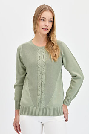 Kadın Sıfır Yaka Önü Saç Örgülü Kazak Mint