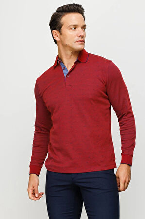 Erkek Polo Yaka Desenli Uzun Kollu Sweatshirt Bordo