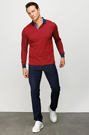Erkek Polo Yaka Jakarlı Minik Desenli Sweatshirt Bordo