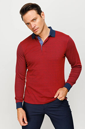 Erkek Polo Yaka Jakarlı Minik Desenli Sweatshirt Bordo