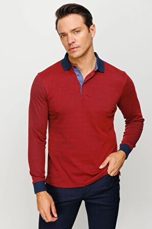 Erkek Polo Yaka Jakarlı Minik Desenli Sweatshirt Bordo