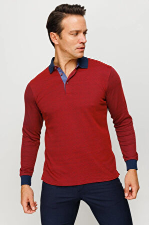 Erkek Polo Yaka Jakarlı Minik Desenli Sweatshirt Bordo