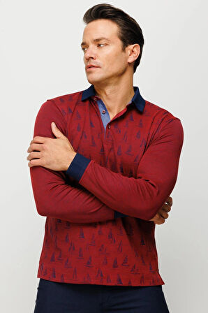 Erkek Polo Yaka Yelken Desenli Sweatshirt Bordo