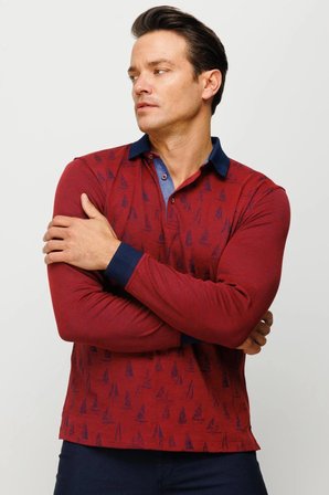 Erkek Polo Yaka Yelken Desenli Sweatshirt Bordo