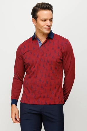 Erkek Polo Yaka Yelken Desenli Sweatshirt Bordo
