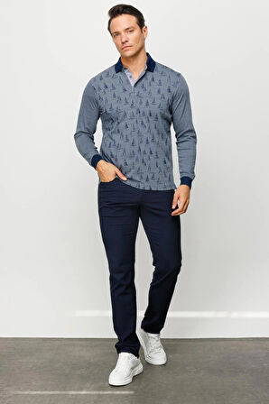 Erkek Polo Yaka Yelken Desenli Sweatshirt Füme