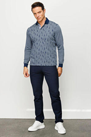 Erkek Polo Yaka Yelken Desenli Sweatshirt Füme