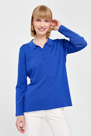 Kadın Polo Yaka İnce Triko Bluz Saks