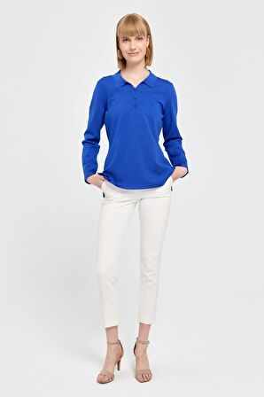 Kadın Polo Yaka İnce Triko Bluz Saks