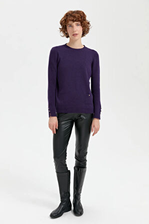 Kadın Sıfır Yaka Dikişsiz Cepli Yün Kazak K.Mor