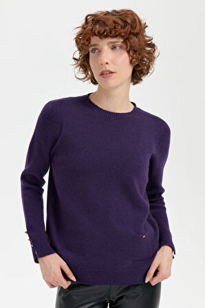 Kadın Sıfır Yaka Dikişsiz Cepli Yün Kazak K.Mor