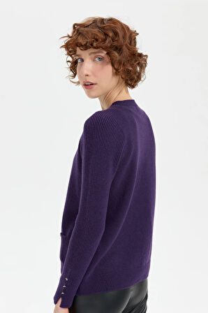 Kadın Sıfır Yaka Dikişsiz Cepli Yün Kazak K.Mor