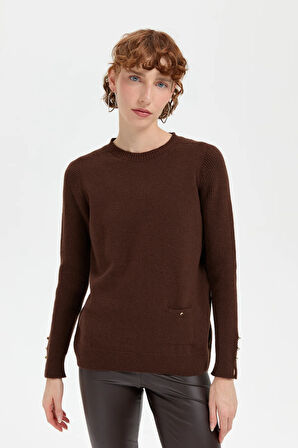 Kadın Sıfır Yaka Dikişsiz Cepli Yün Kazak M.Kahve