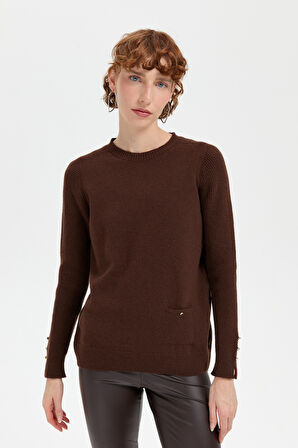 Kadın Sıfır Yaka Dikişsiz Cepli Yün Kazak M.Kahve