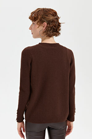 Kadın Sıfır Yaka Dikişsiz Cepli Yün Kazak M.Kahve