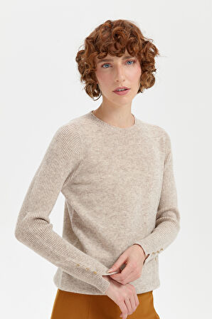 Kadın Sıfır Yaka Dikişsiz Cepli Yün Kazak V.Bej