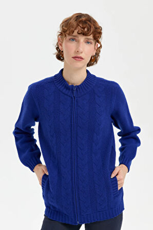 Kadın Dik Yaka Dikişsiz Önü Saç Örgülü Yün Hırka K.S.Mavi