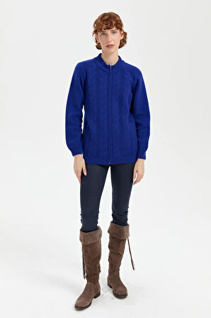 Kadın Dik Yaka Dikişsiz Önü Saç Örgülü Yün Hırka K.S.Mavi