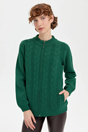 Kadın Dik Yaka Dikişsiz Önü Saç Örgülü Yün Hırka Ö.Başı