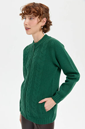 Kadın Dik Yaka Dikişsiz Önü Saç Örgülü Yün Hırka Ö.Başı