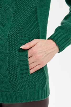 Kadın Dik Yaka Dikişsiz Önü Saç Örgülü Yün Hırka Ö.Başı