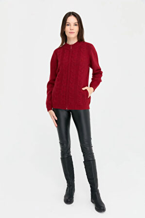 Kadın Dik Yaka Dikişsiz Önü Saç Örgülü Yün Hırka V.Kırmızı