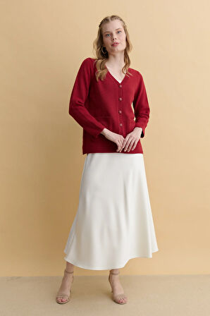 Kadın V Yaka Basic Yün Hırka V.Kırmızı