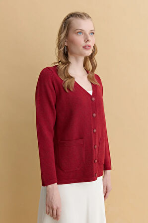 Kadın V Yaka Basic Yün Hırka V.Kırmızı